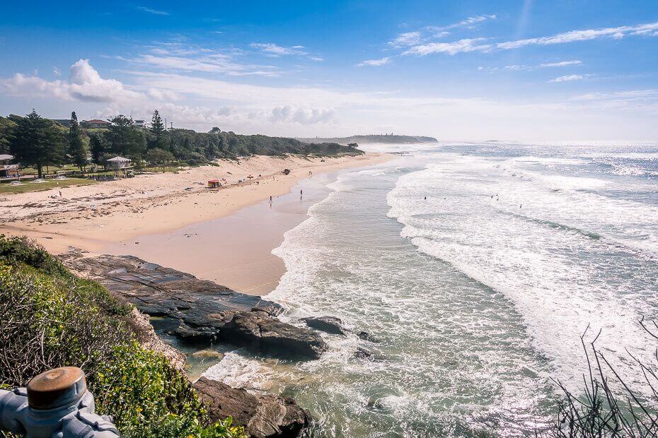 Panoramic view of Caves Beach and shoreline from the lookout
