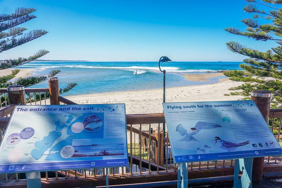 Interpretive signs overlooking the ocean at The Entrance along the Coast to Lake Walk