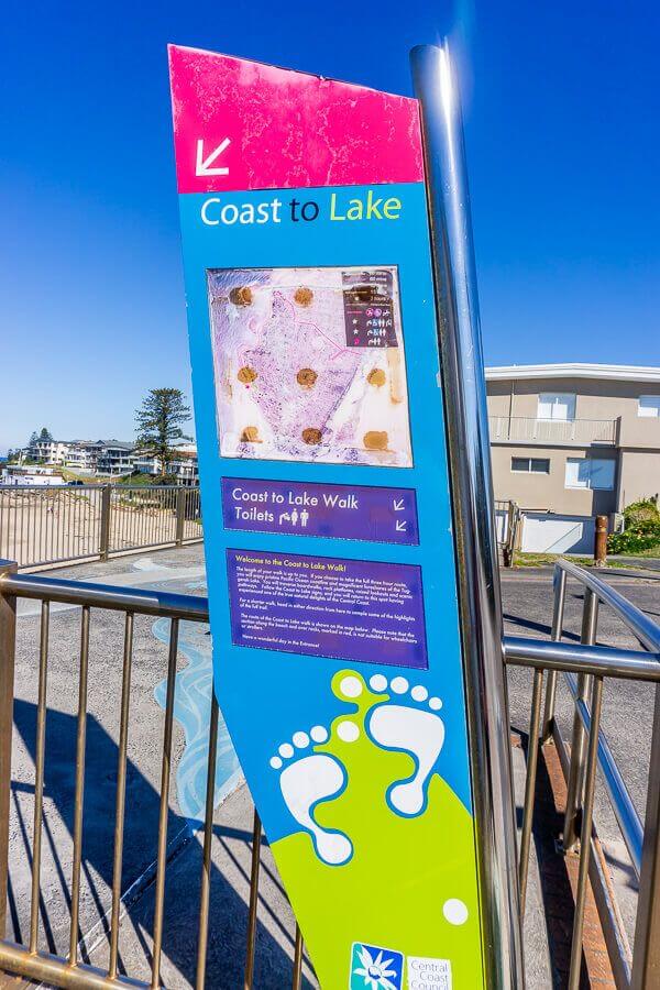 Coast to Lake Walk sign at The Entrance showing walking route information and directions