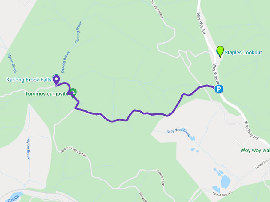 Map showing the walking route to Kariong Brook Falls from Staples Lookout