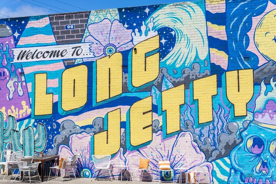 Long Jetty mural near the Coast to Lake Walk featuring colourful street art