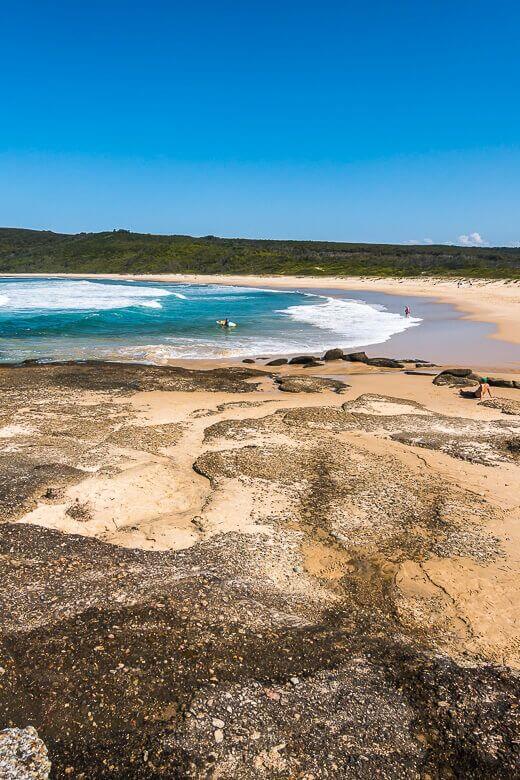 Rock platforms and sandy shoreline at Moonee Beach on the Central Coast