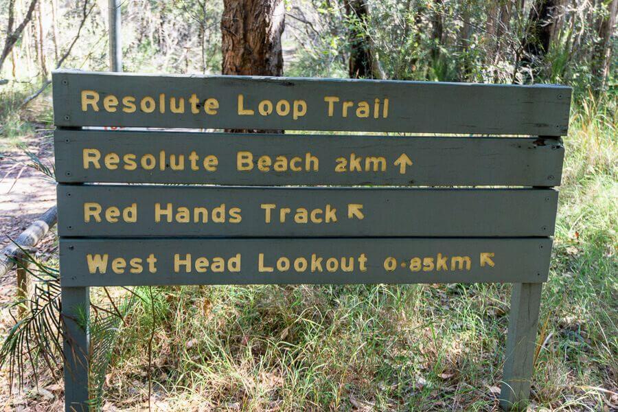 Resolute Beach Loop Walk Guide Trail sign showing directions for Resolute Beach Loop Walk, Red Hands Track and West Head Lookout in Ku-ring-gai Chase National Park