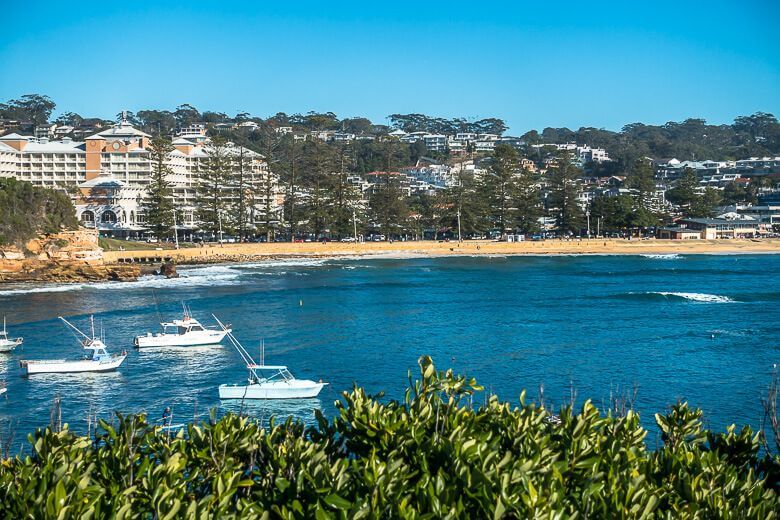 Terrigal beach and foreshore with boats in the bay on the Central Coast NSW
