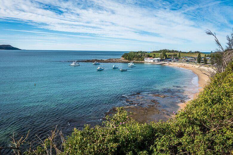 Boats anchored in the calm waters of Terrigal Haven on the Central Coast