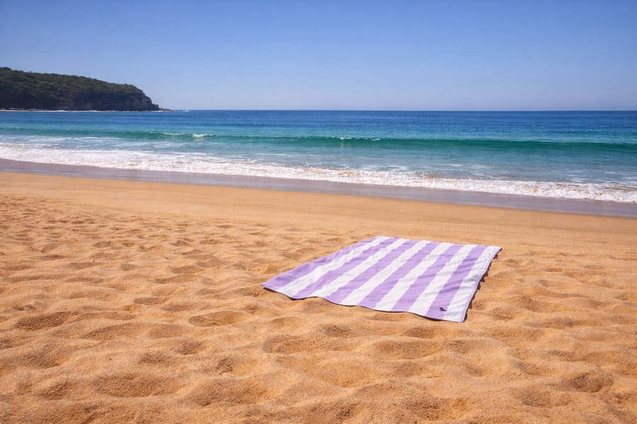 Dock & Bay quick drying beach towel laid out on sand near the ocean