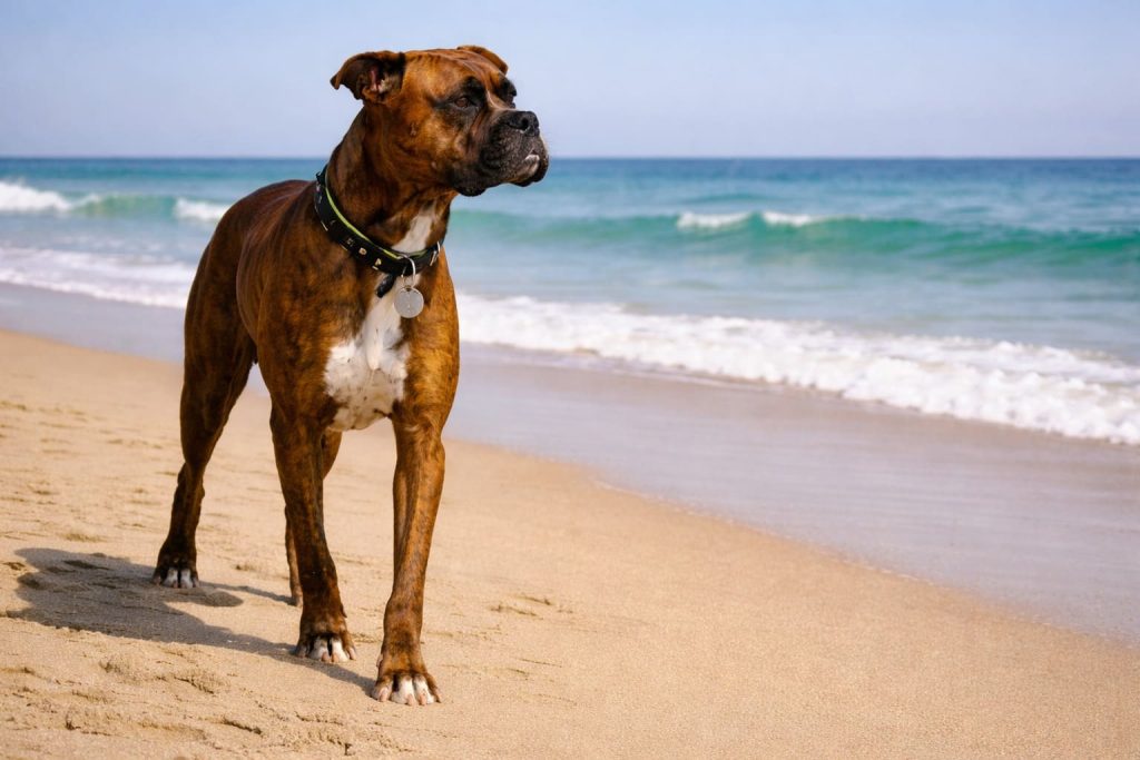 Alt text: Dog walking along a sandy beach on the Central Coast NSW