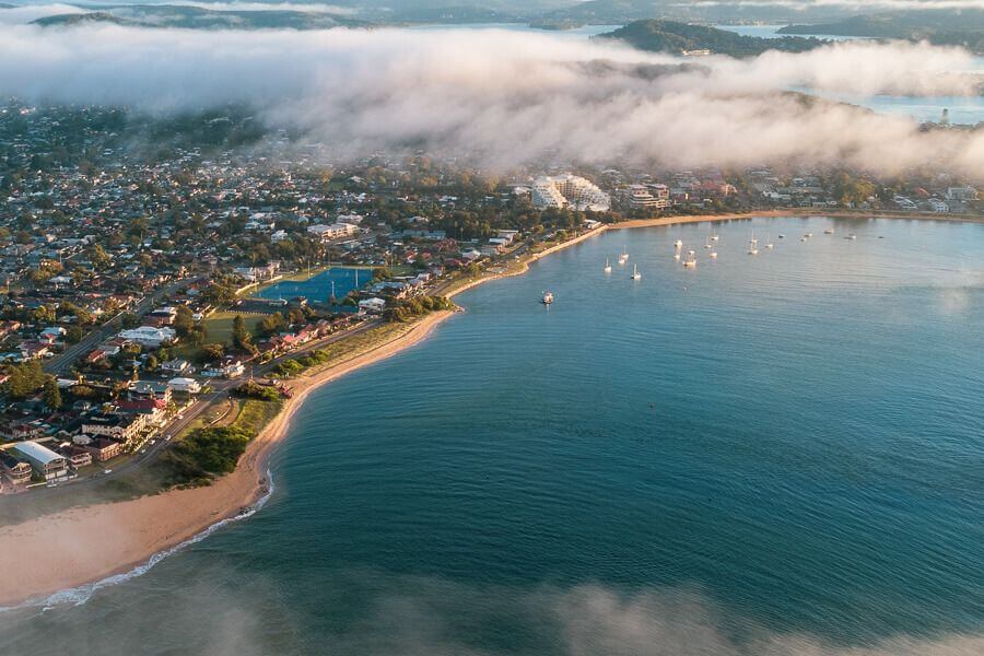 Morning fog over Ettalong Beach and Brisbane Water on the Central Coast