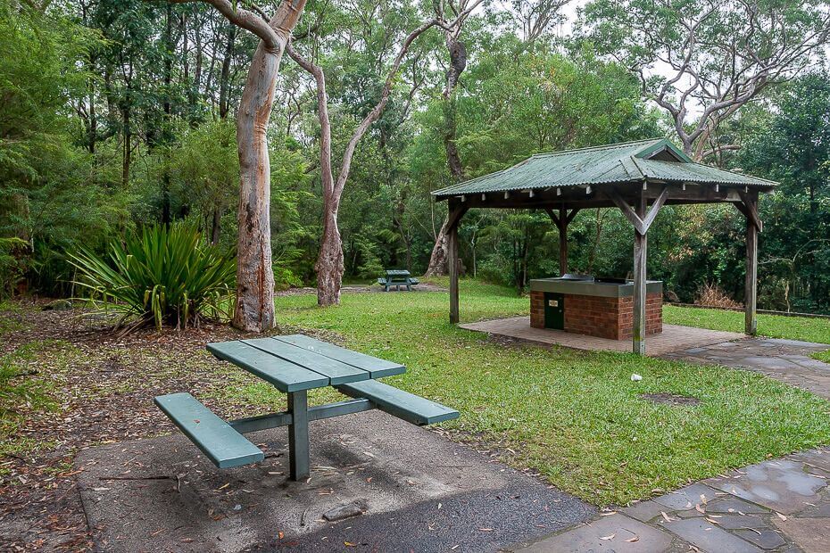 Picnic tables and shelter at Somersby Falls picnic area Central Coast