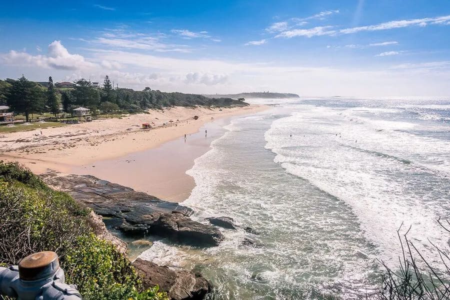 Frazer Beach Central Coast: Visitor Guide Panoramic view of Caves Beach and shoreline from the lookout