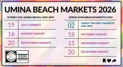Poster showing the 2026 Umina Beach Markets schedule at Sydney Avenue, Umina Beach. Markets run from 9am–2pm on 19 July, 16 August, 20 September, 18 October, 15 November and 20 December, plus a Twilight Market from 4pm–8pm on 2 October.