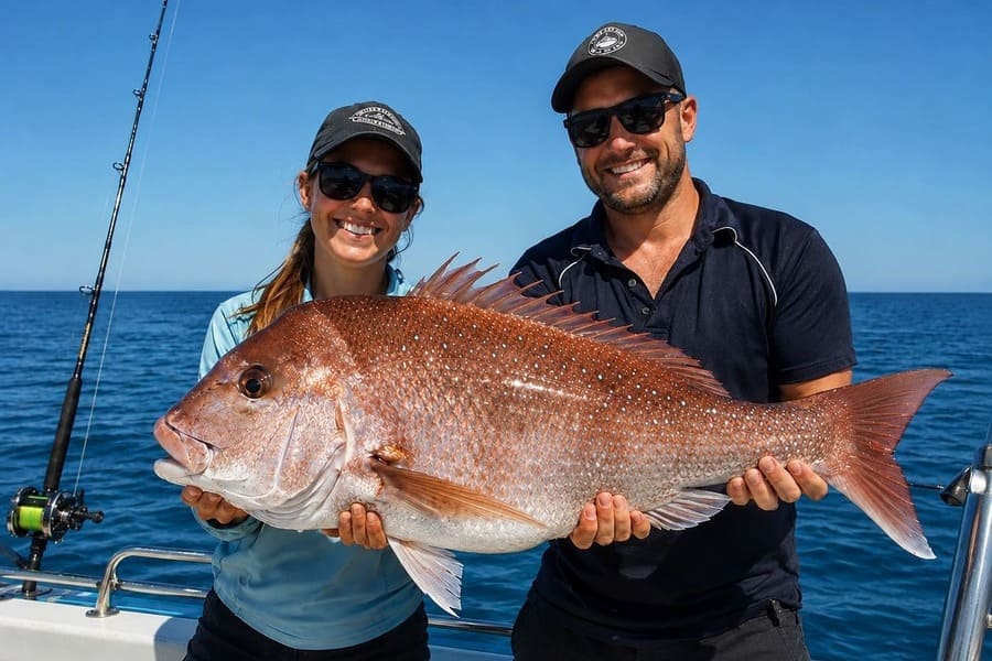 Two anglers holding a large Australasian snapper aboard a fishing charter boat off the Central Coast of New South Wales.