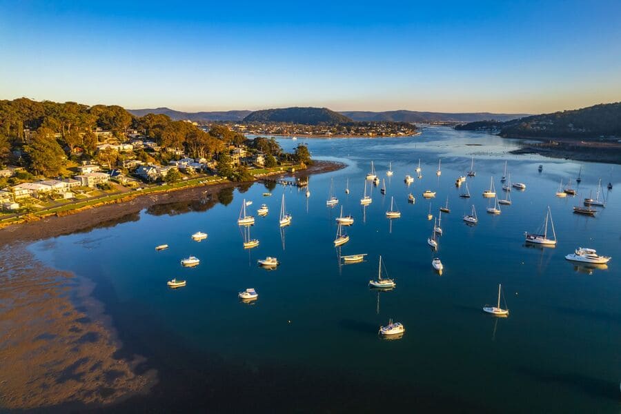 Boats moored on Brisbane Water at Hardys Bay
