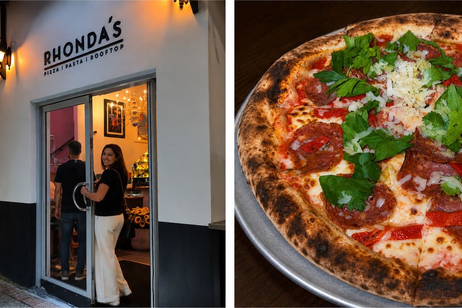 Entrance to Rhonda’s in Terrigal beside a freshly made pizza.
