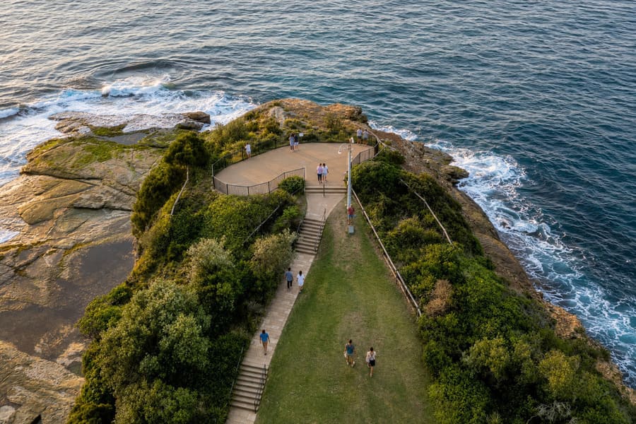 Aerial view of the walking path and ocean lookout at the Skillion in Terrigal.