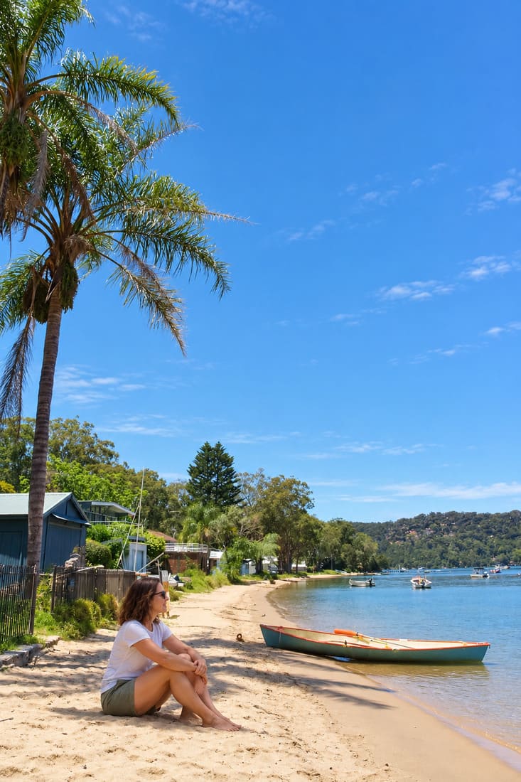 Woman sitting on the beach enjoying the waterfront view on Dangar Island