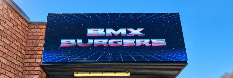 bmx burgers umina beach retro neon style shop sign 768x257