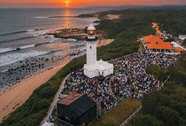 norah head lighthouse sunset crowd event aerial coastal view 768x519