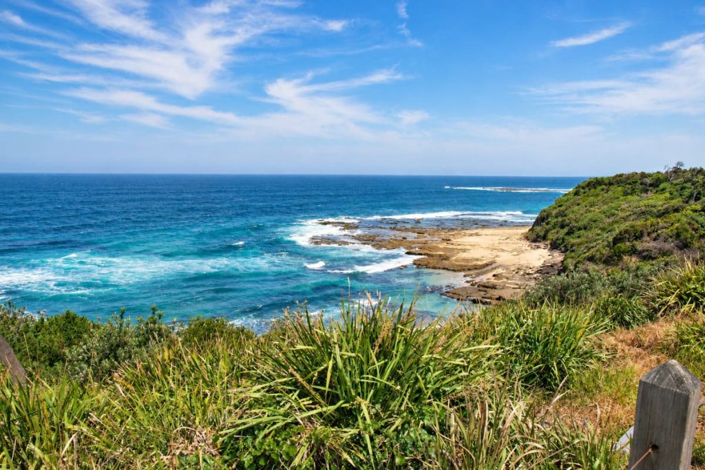 Ocean view at Norah Head with turquoise water, rocky shoreline and coastal vegetation