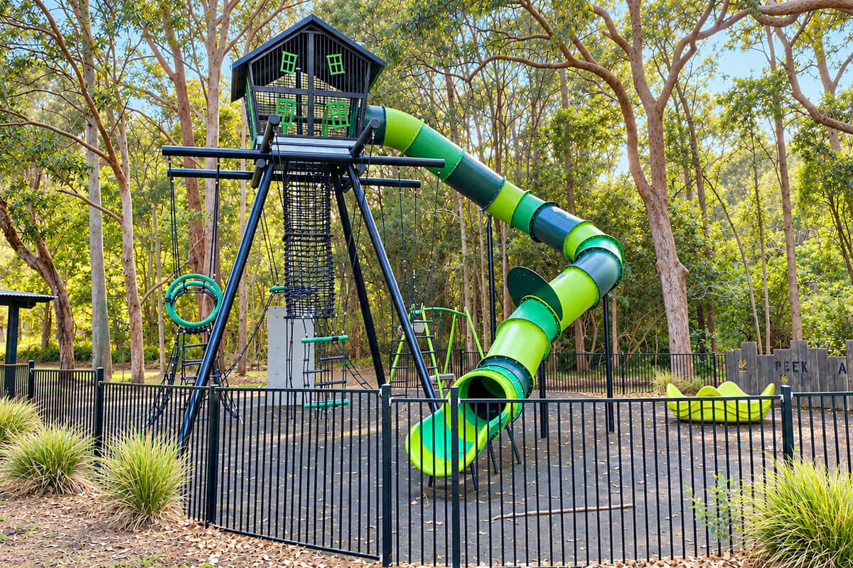 Susan Fahey Park playground in Copacabana with green tube slide and climbing tower